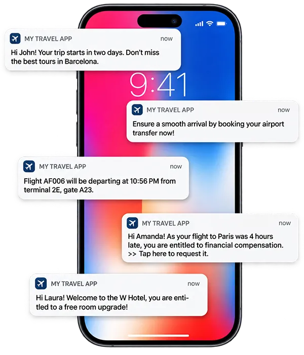 Notifications de vol affichées sur le téléphone d'un voyageur dans l'application mTrip