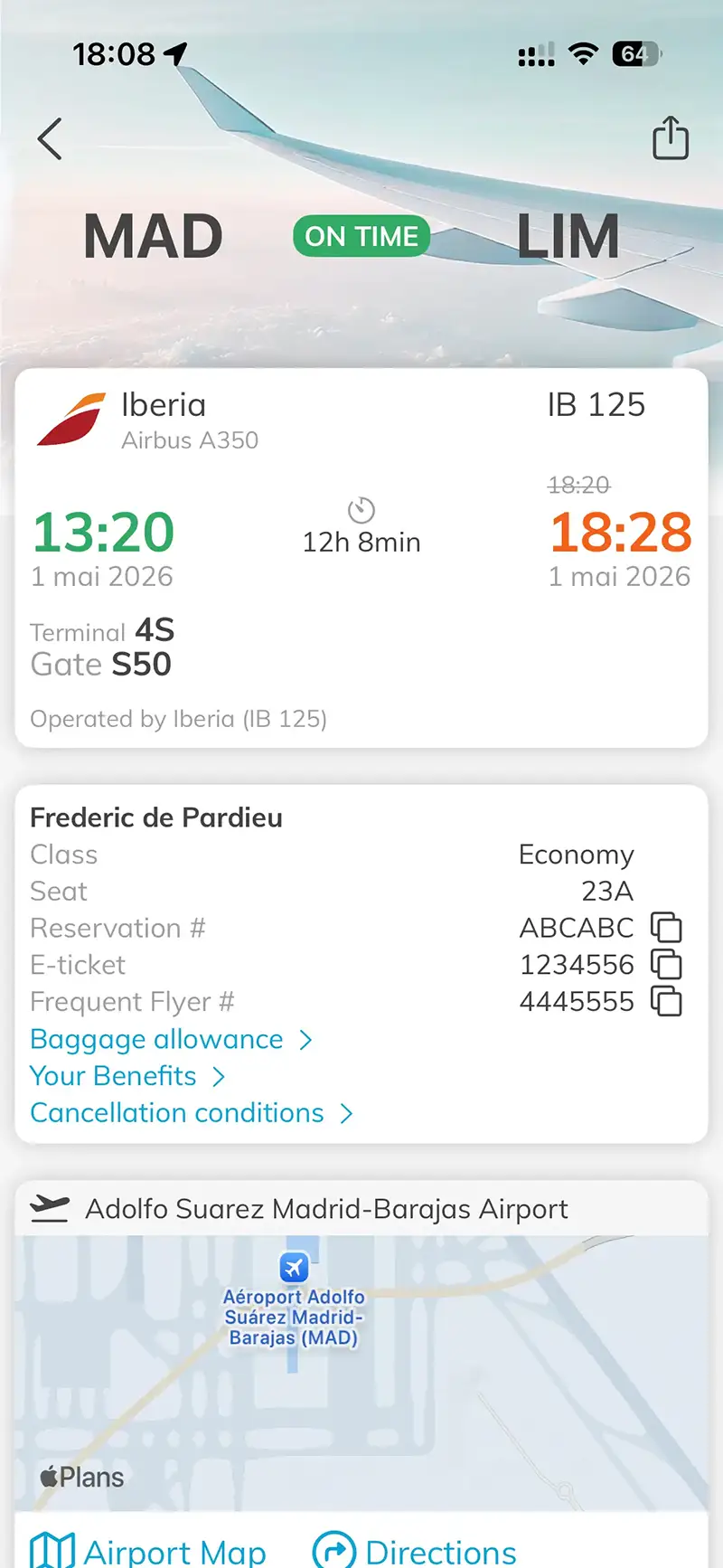 Real-time flight details screen in the travel agency app, showing departure times, gate information, and live status alerts
