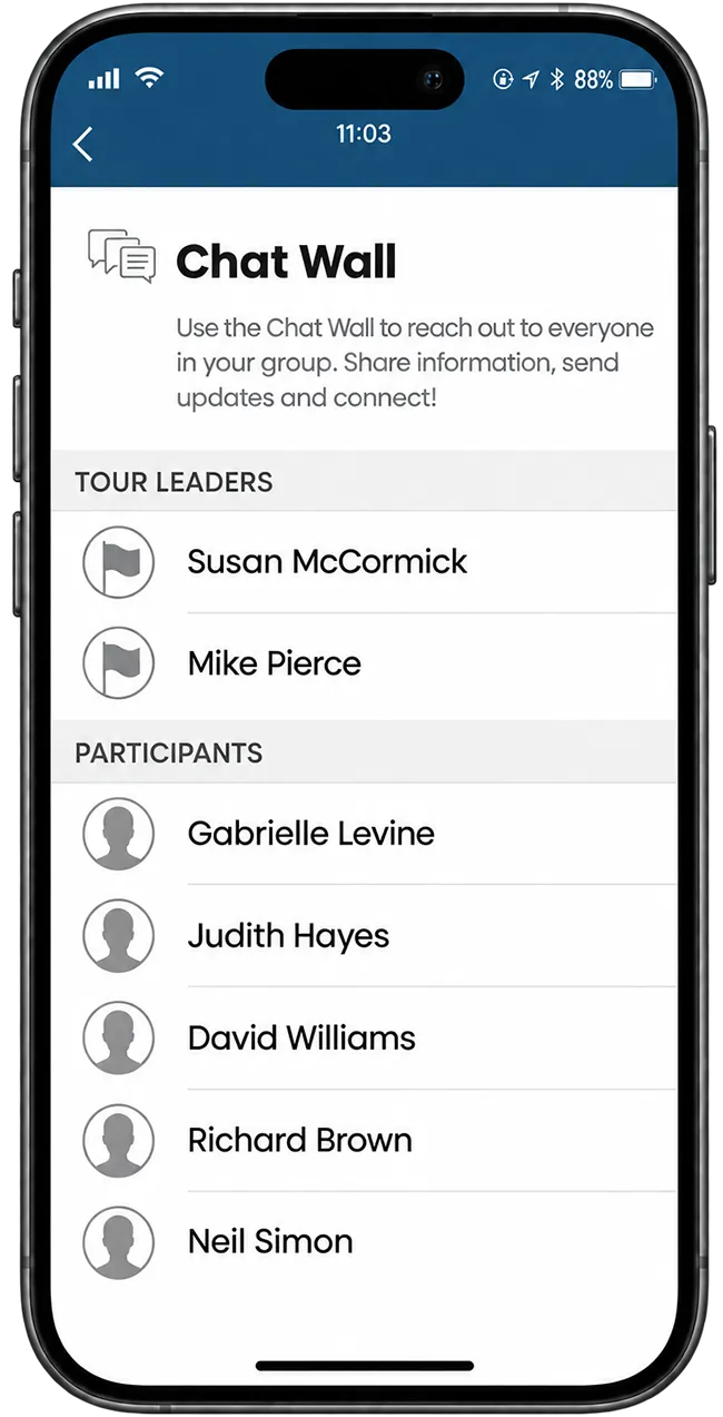 Chat de groupe dans l'appli carnet de voyage mTrip, avec un mur de discussion, les accompagnateurs et les autres voyageurs