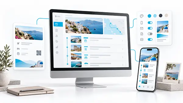 Concept illustration of itinerary planning connected to travel documents, configurable app features and a branded traveler app.