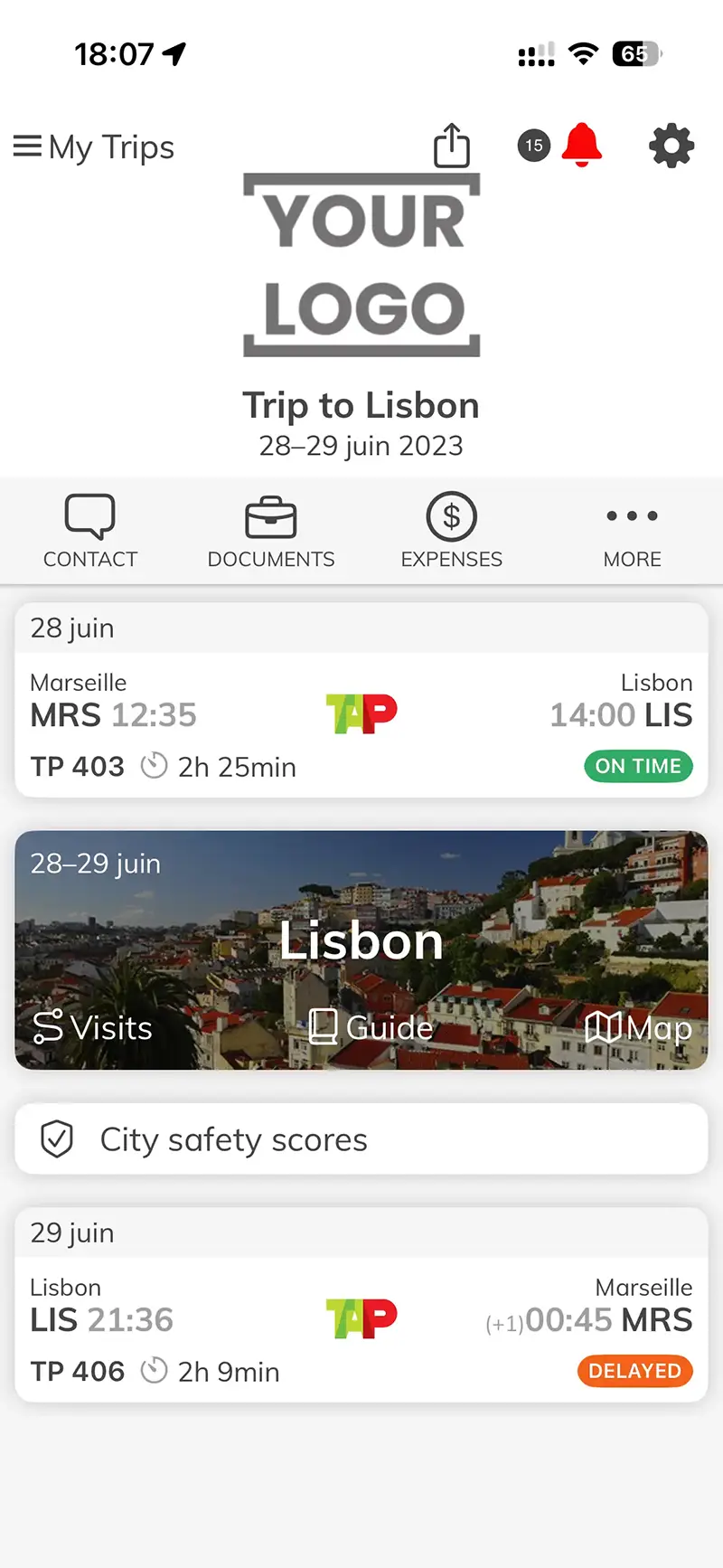 Day-by-day FIT trip itinerary in a white-label travel agency app, showing bookings and daily plans under the agency's own brand