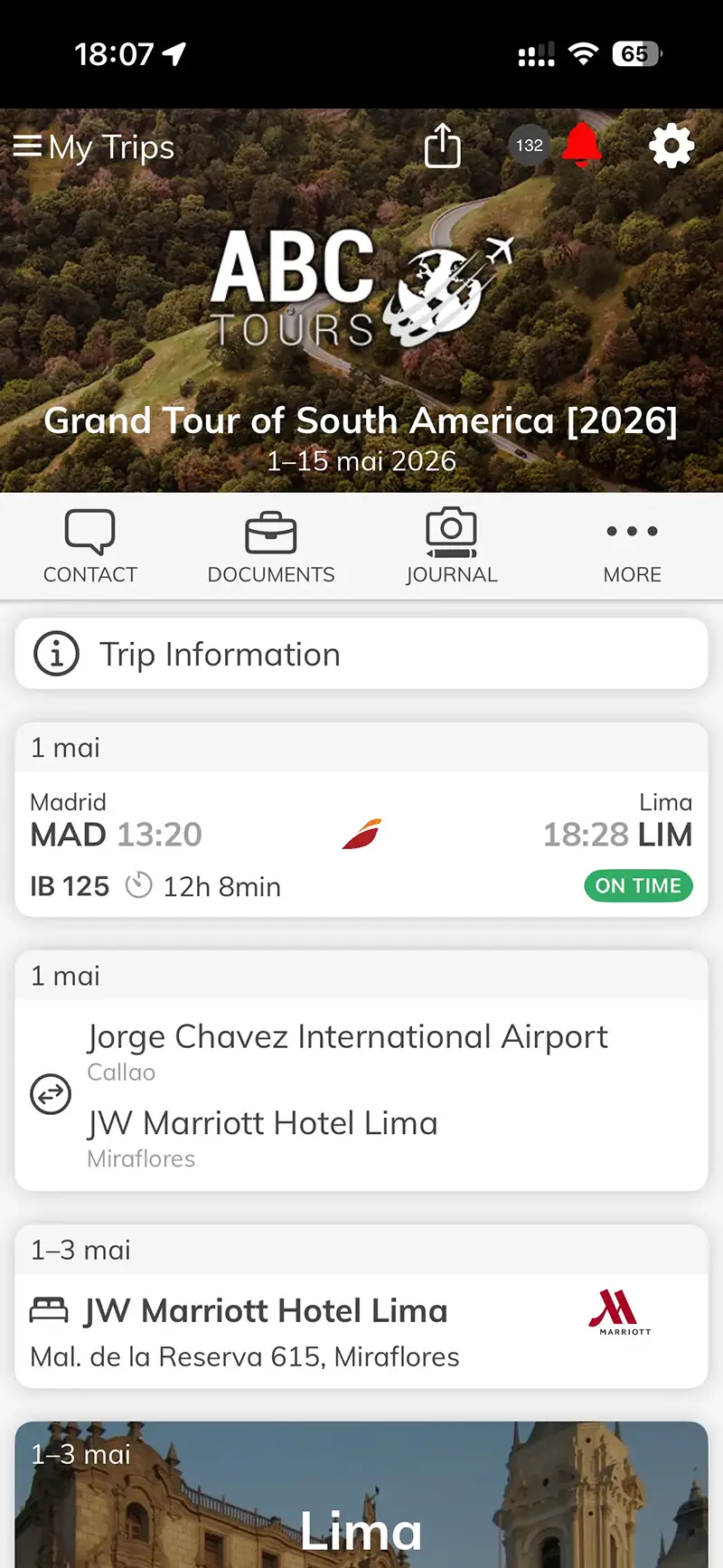 Group tour itinerary overview in a branded tour operator app, with the day-by-day program travelers follow on escorted tours