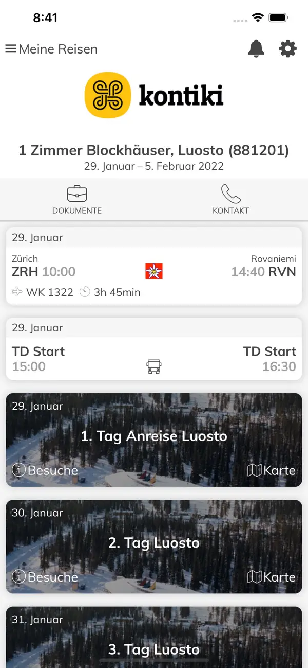 MyKontiki touroperator-app: reisoverzicht met de vlucht, een transfer en dagkaarten