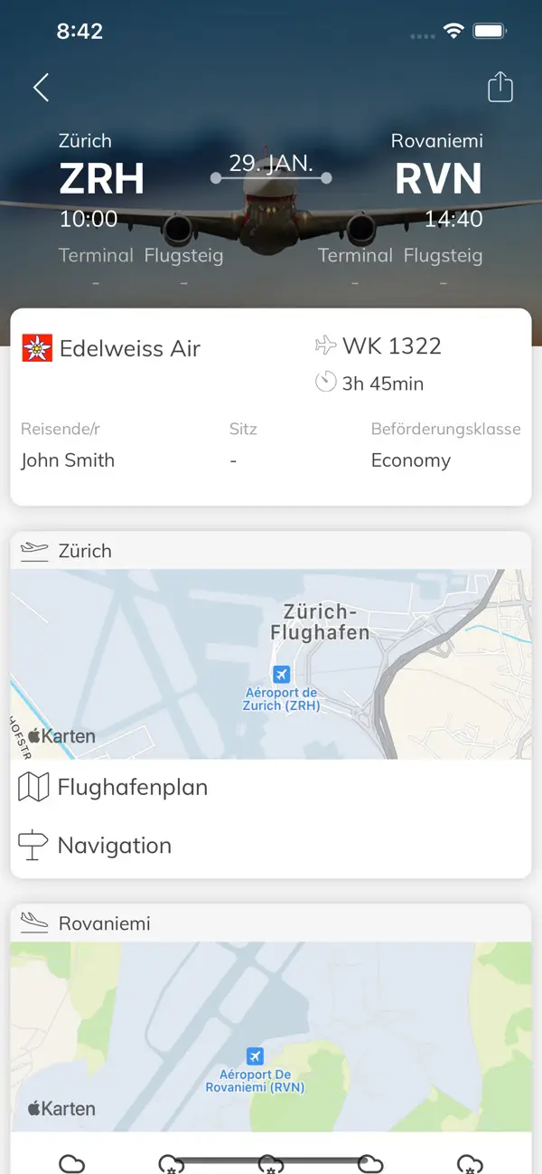 MyKontiki touroperator-app: vluchtgegevens met kaarten van de luchthaven van vertrek en aankomst