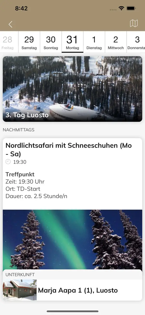 MyKontiki touroperator-app: dagoverzicht met een noorderlicht-activiteit en de accommodatie