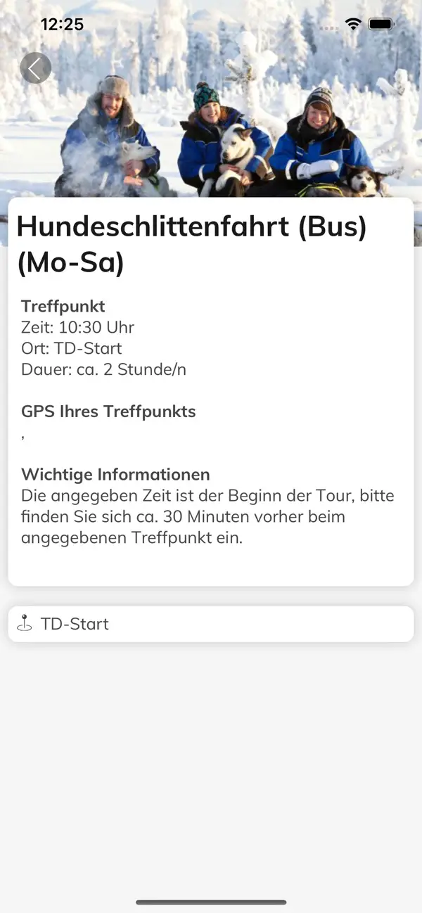 MyKontiki touroperator-app: activiteitenpagina met verzamelpunt, tijd en duur