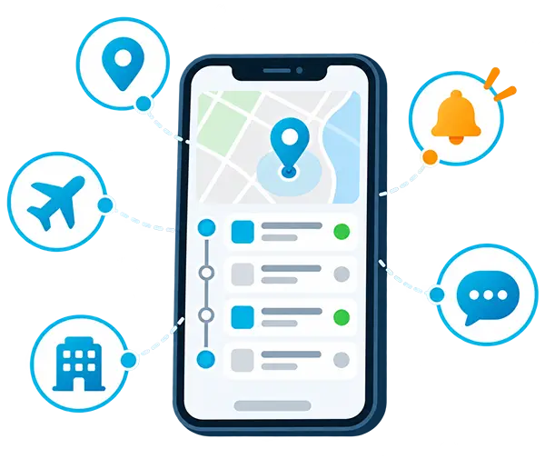 Illustration of the mTrip mobile app: a phone showing a location map and a trip list, surrounded by icons for flight, hotel, location, alert and message
