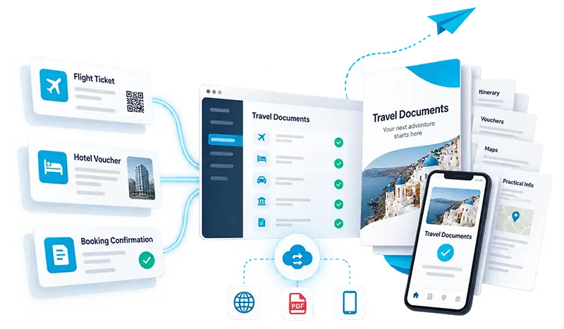 Reiseunterlagen in der mTrip Reiseveranstalter-Software: Flugtickets, Hotel-Voucher und Buchungsbestätigungen an einem Ort, bereitgestellt als PDF, Online-Reiseverlauf und App unter Ihrer Marke