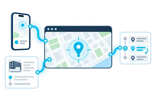 Traveler tracking illustration: a phone sharing GPS, a hotel booking and an itinerary feeding one location map